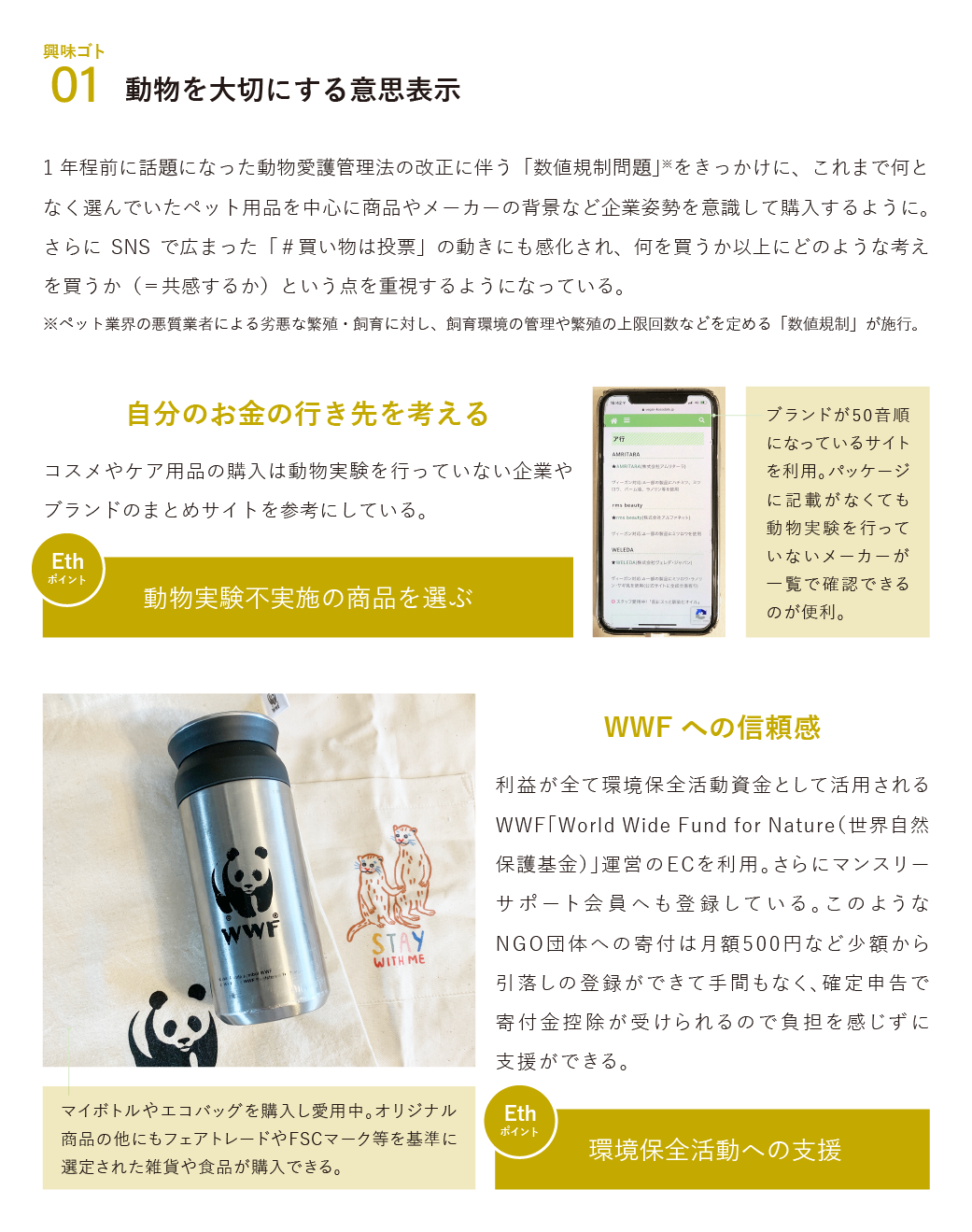 興味ゴト1 動物を大切にする意思表示 1年程前に話題になった動物愛護管理法の改正に伴う「数値規制問題」※をきっかけに、これまで何となく選んでいたペット用品を中心に商品やメーカーの背景など企業姿勢を意識して購入するように。さらにSNSで広まった「#買い物は投票」の動きにも感化され、何を買うか以上にどのような考えを買うか(=共感するか)という点を重視するようになっている。 ※ペット業界の悪質業者による劣悪な繁殖・飼育に対し、飼育環境の管理や繁殖の上限回数などを定める「数値規制」が施行。