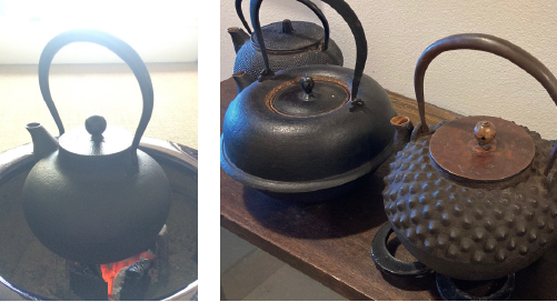 （右）墨をおこして火鉢に鉄瓶。　（左）それぞれ味の異なる鉄器製品。